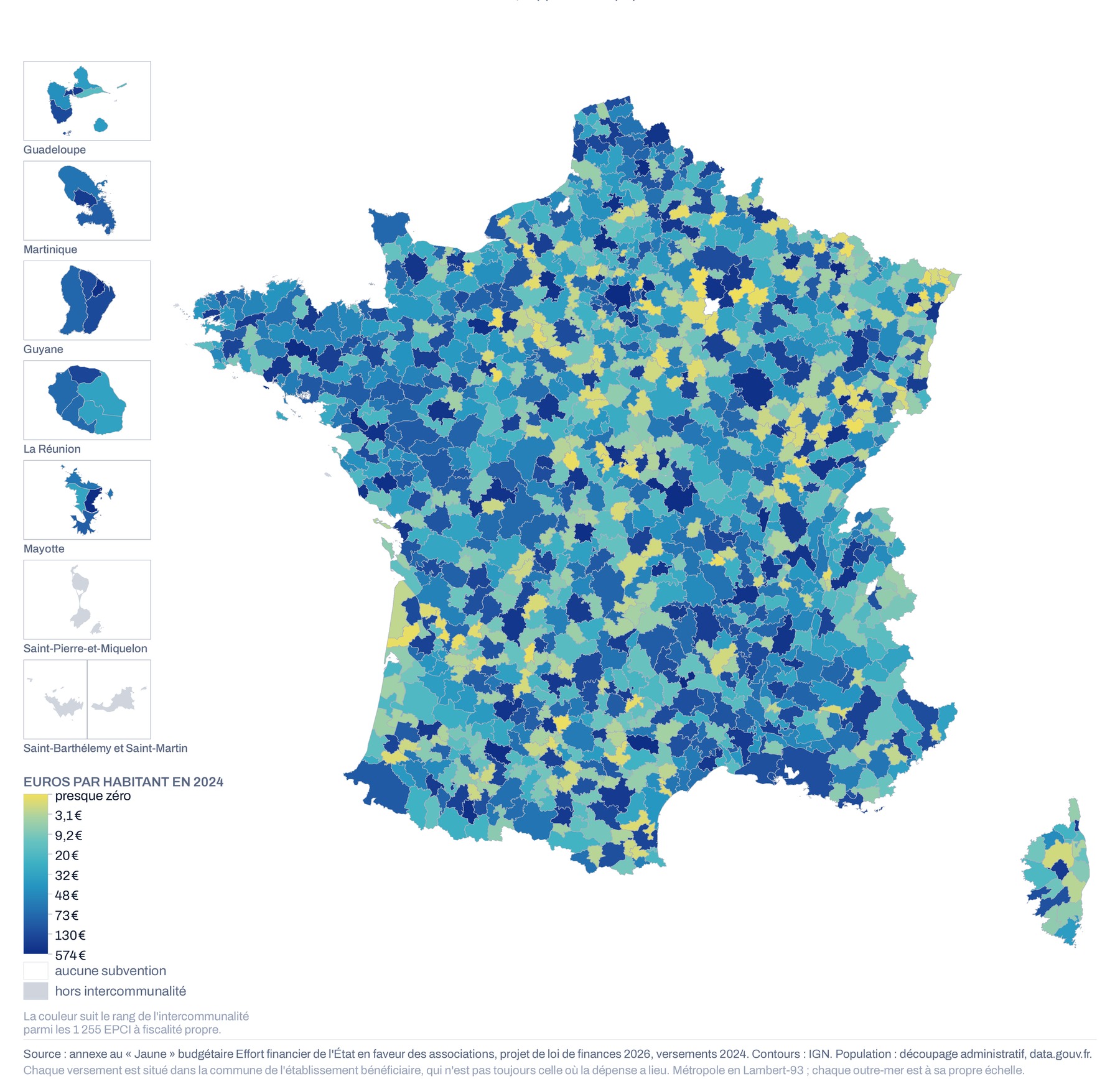 Carte de France par intercommunalité du montant versé aux associations rapporté à la population, 2024