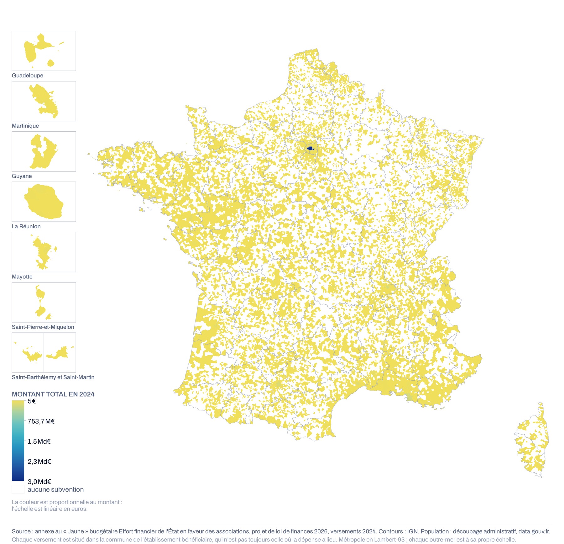 Carte de France à la maille communale du montant total versé par l'État aux associations en 2024, échelle linéaire
