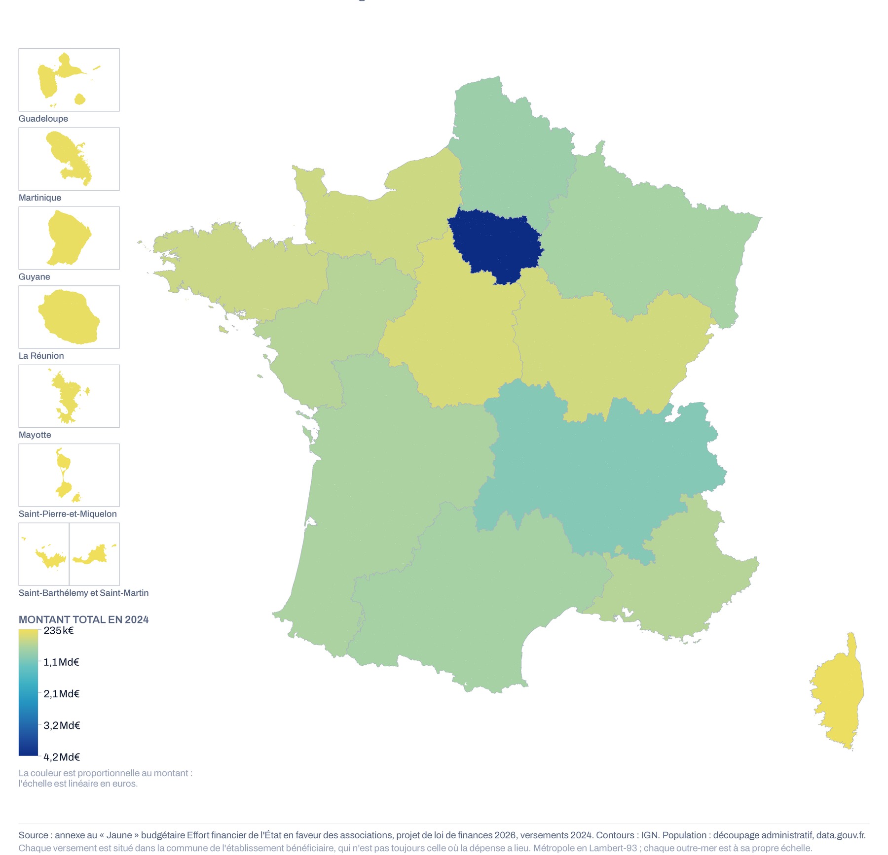 Carte de France par région du montant total versé aux associations, 2024, échelle linéaire