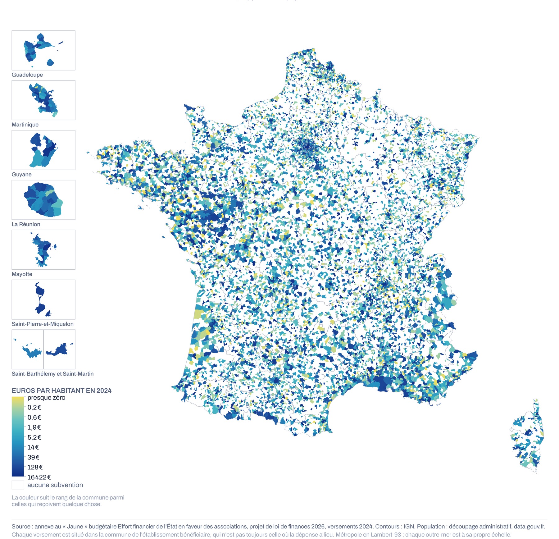 Carte de France à la maille communale du montant versé aux associations rapporté à la population, 2024