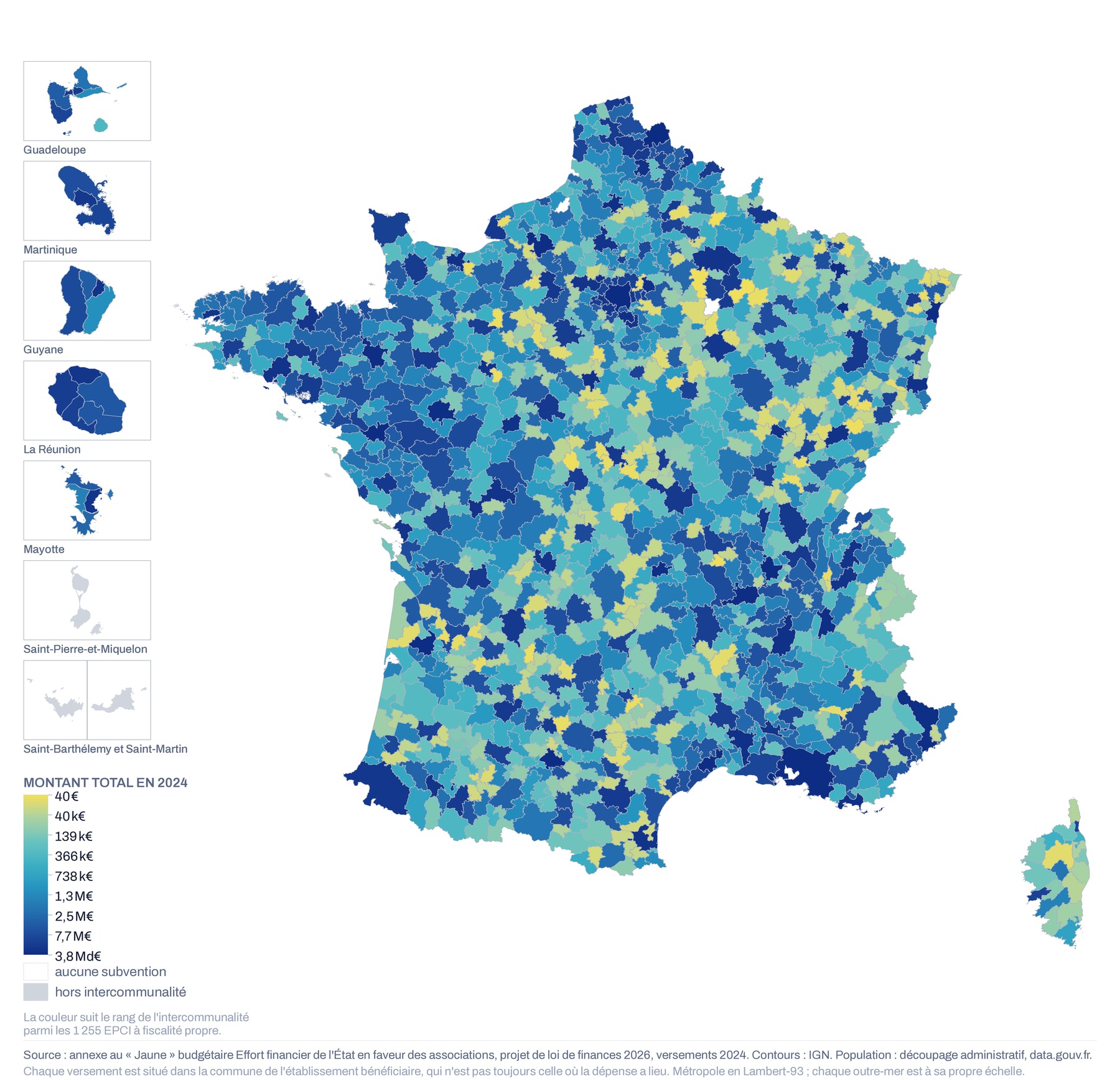 Carte de France par intercommunalité du montant total versé aux associations, 2024