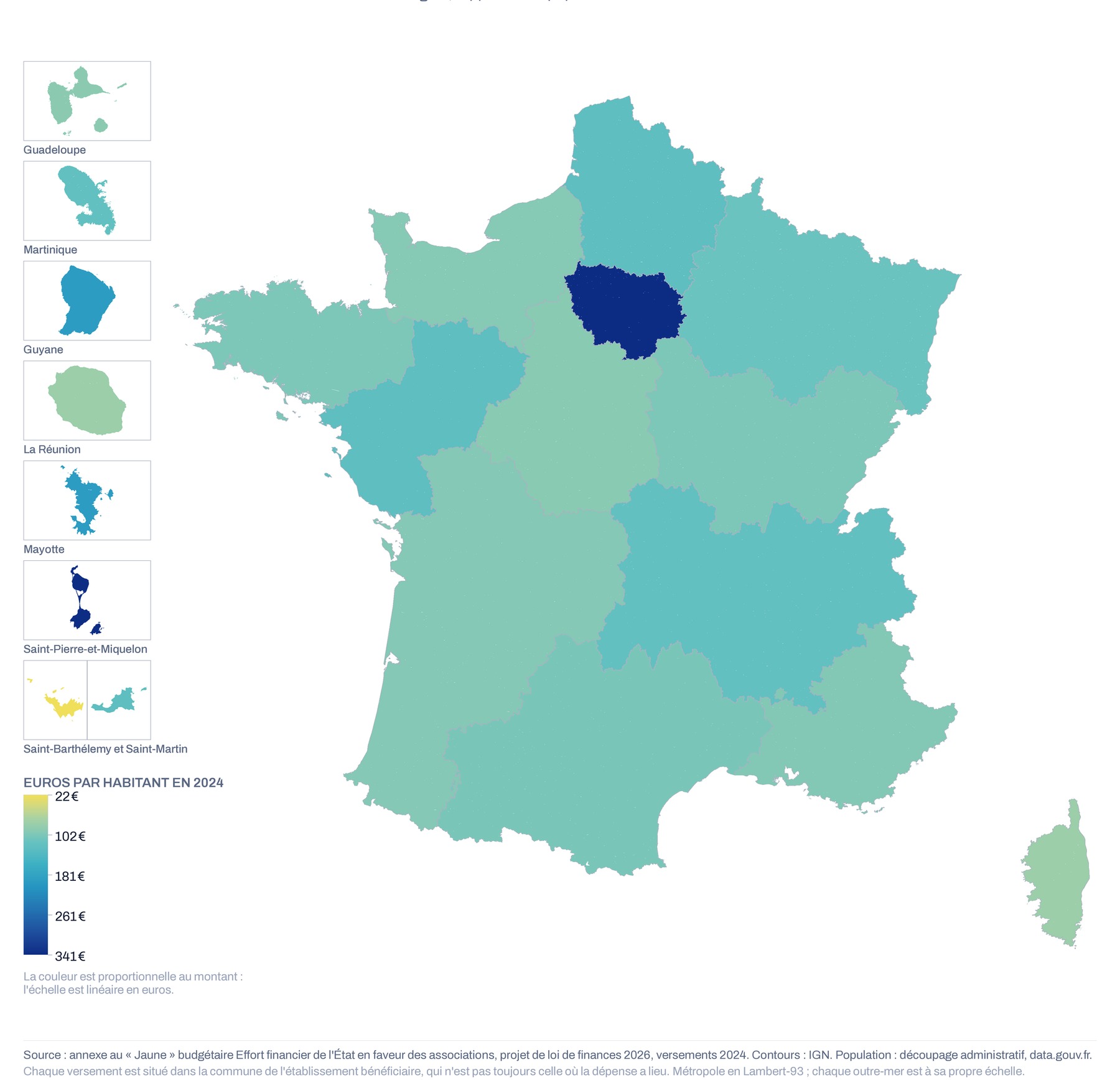 Carte de France par région du montant versé aux associations rapporté à la population, 2024, échelle linéaire