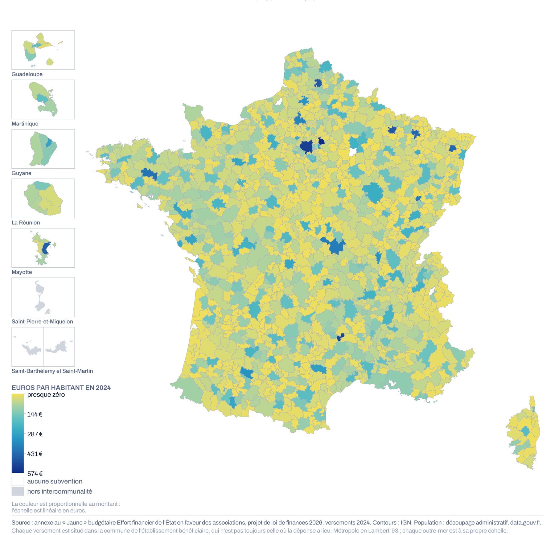 Carte de France par intercommunalité du montant versé aux associations rapporté à la population, 2024, échelle linéaire