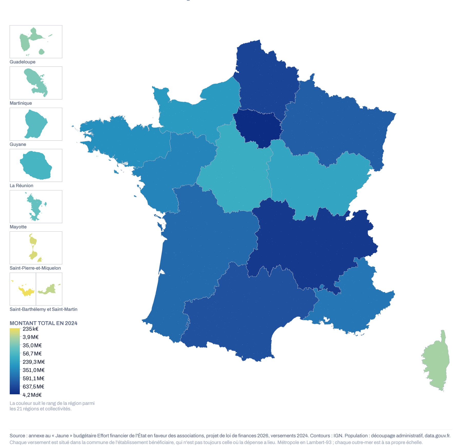 Carte de France par région du montant total versé aux associations, 2024