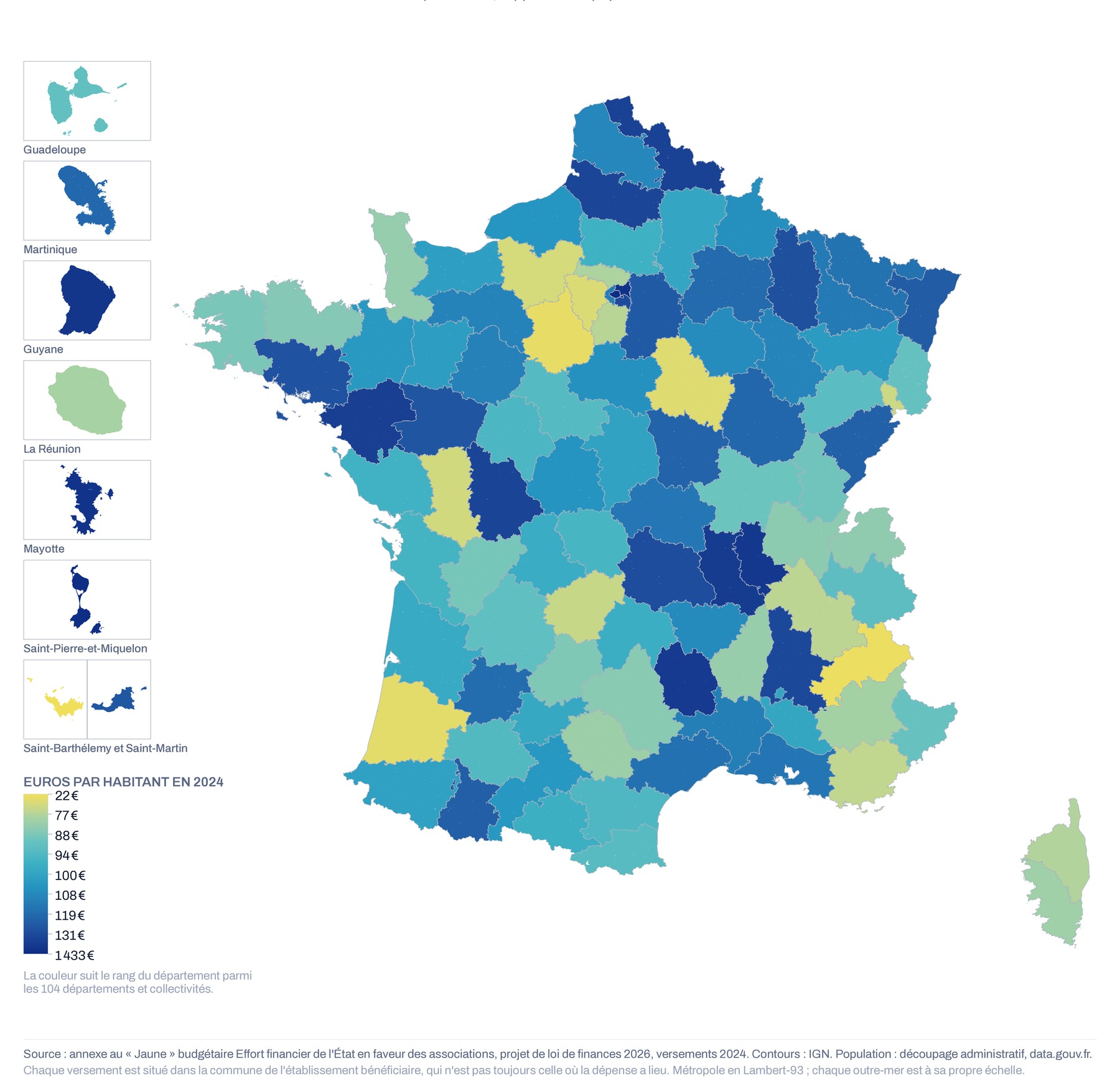 Carte de France par département du montant versé aux associations rapporté à la population, 2024