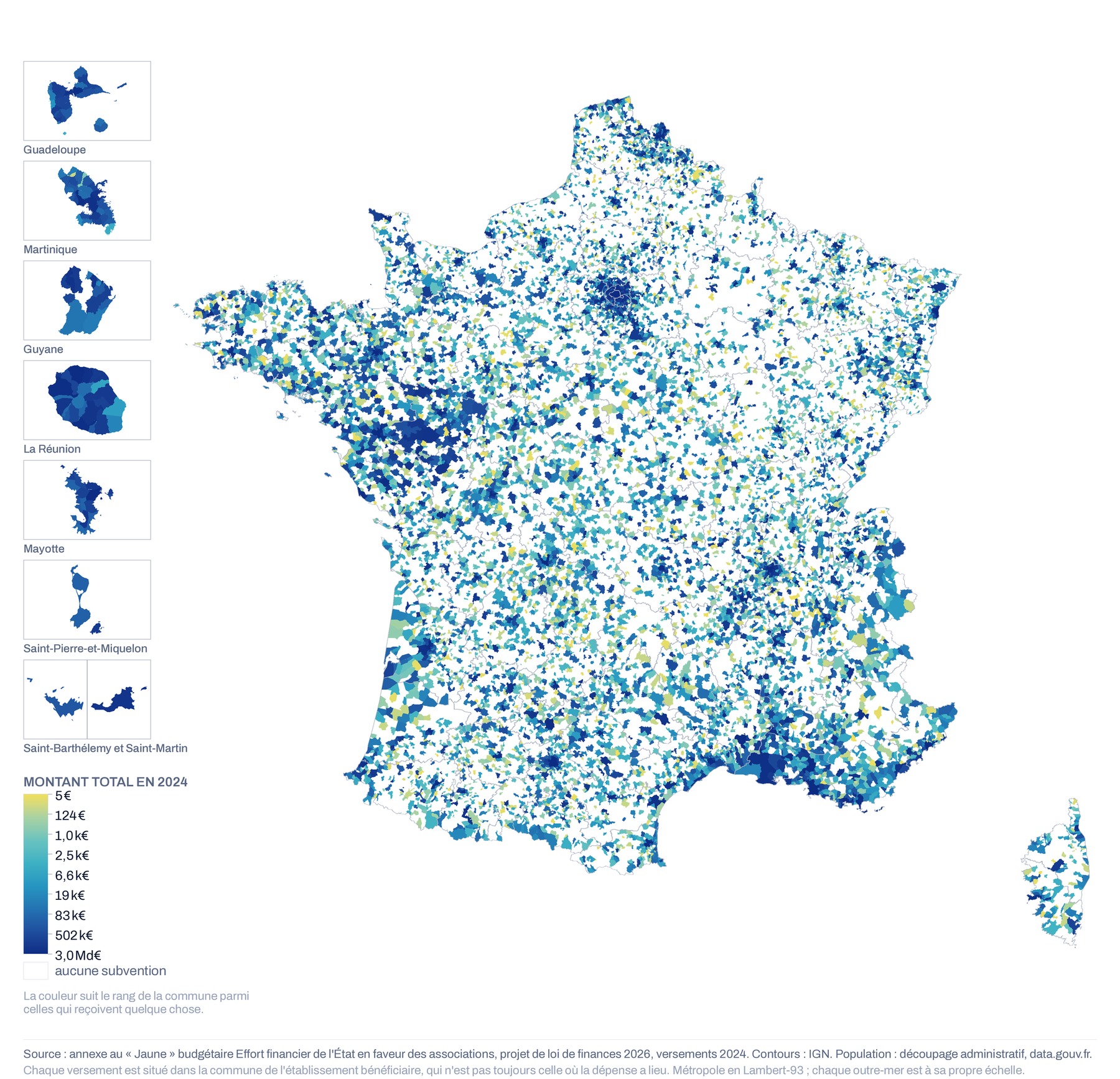 Carte de France à la maille communale du montant total versé par l'État aux associations en 2024