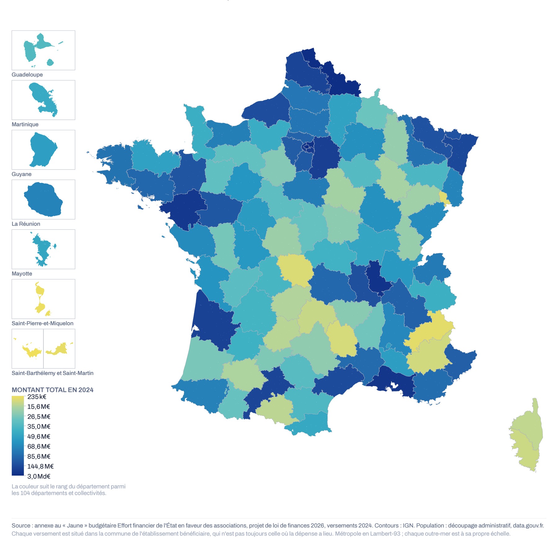 Carte de France par département du montant total versé aux associations, 2024