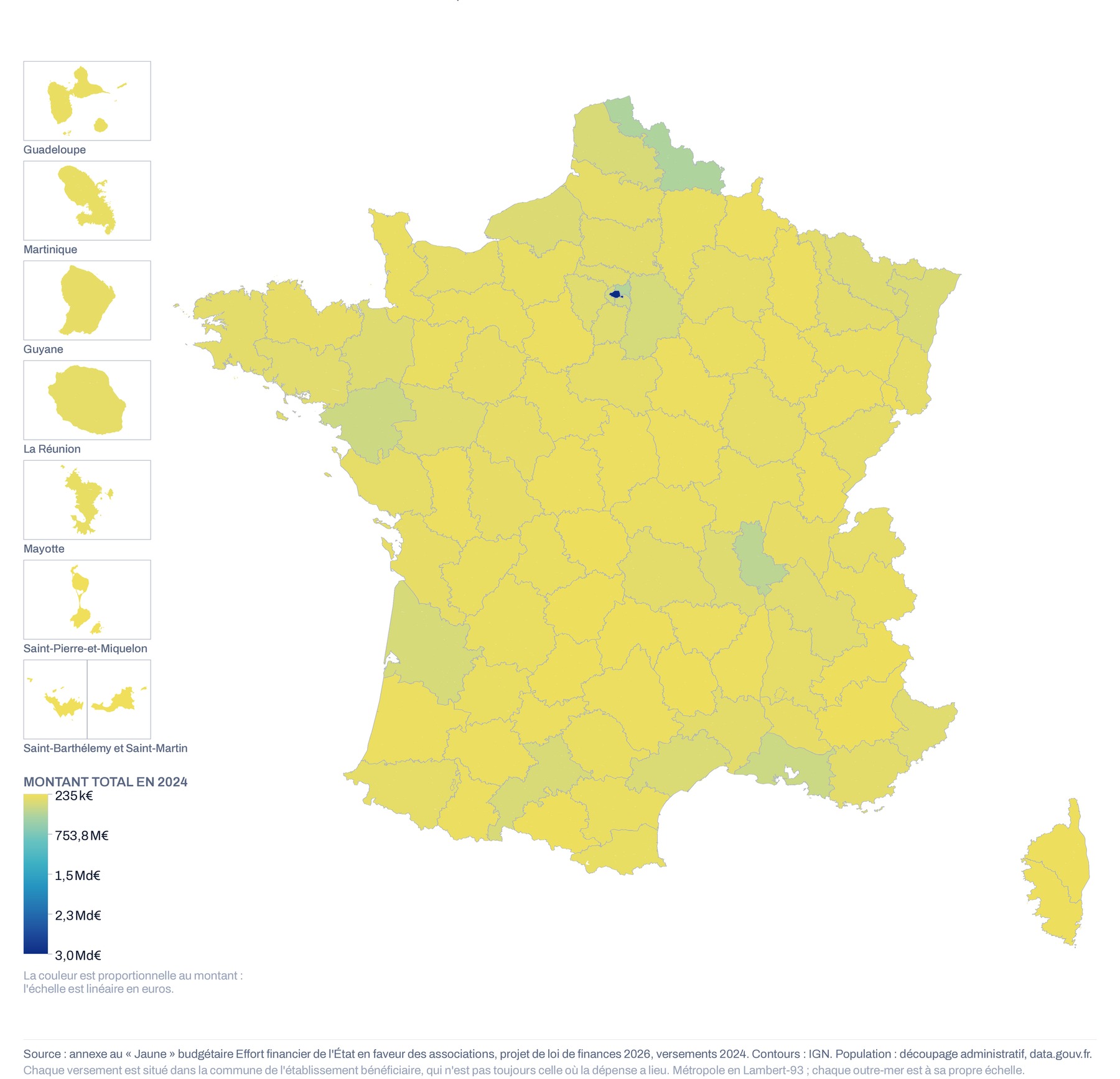 Carte de France par département du montant total versé aux associations, 2024, échelle linéaire