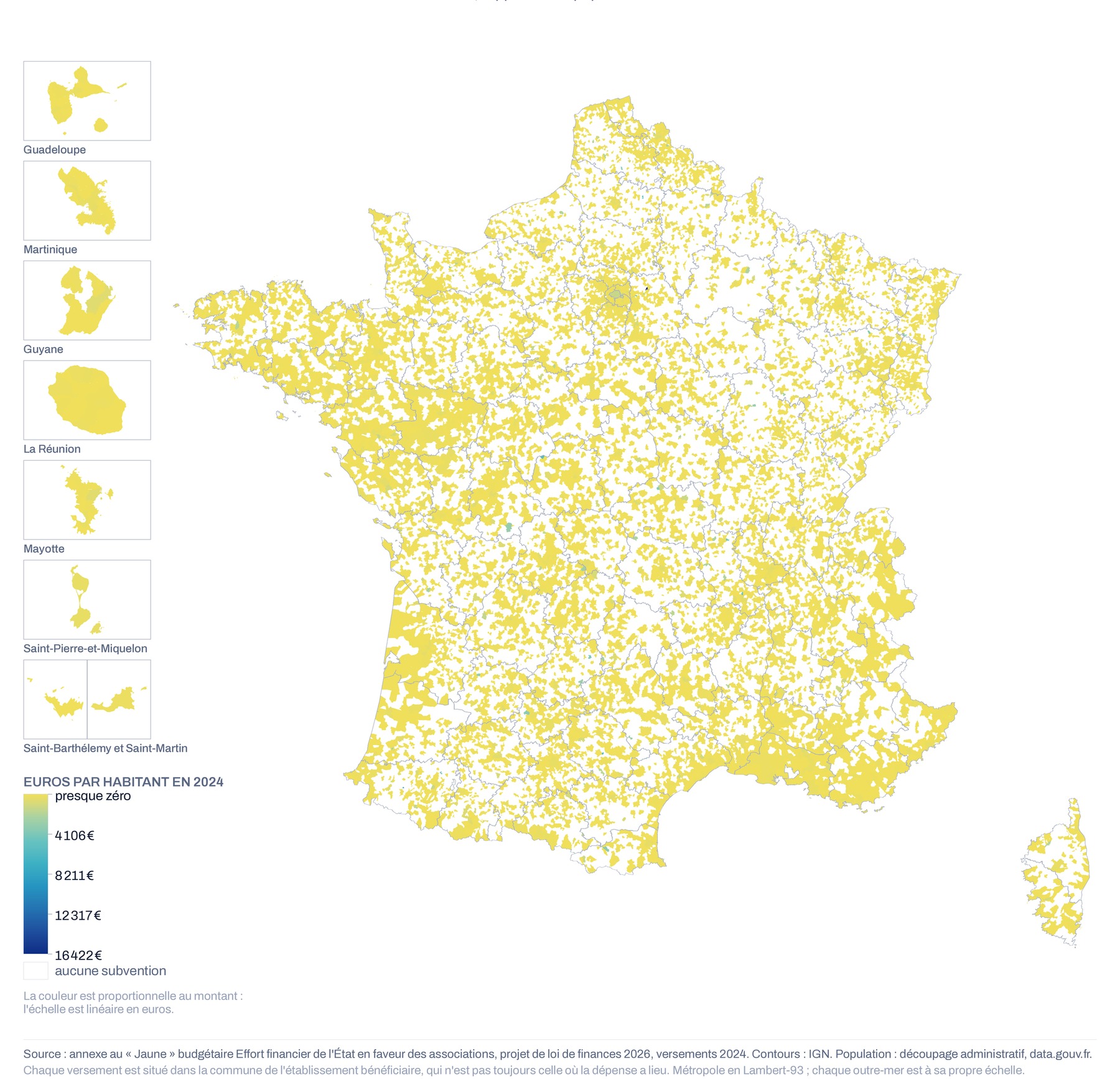 Carte de France à la maille communale du montant versé aux associations rapporté à la population, 2024, échelle linéaire