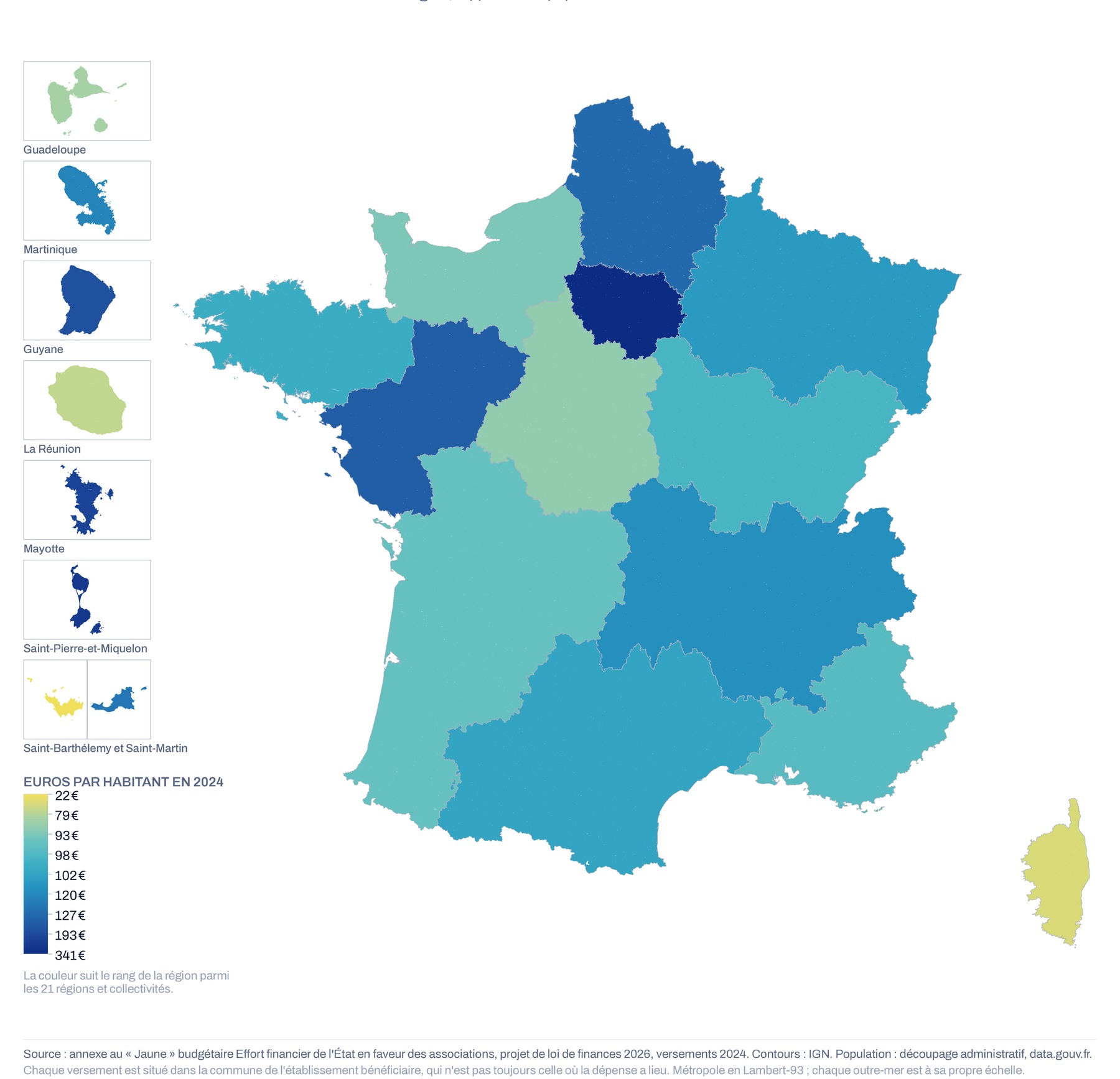 Carte de France par région du montant versé aux associations rapporté à la population, 2024