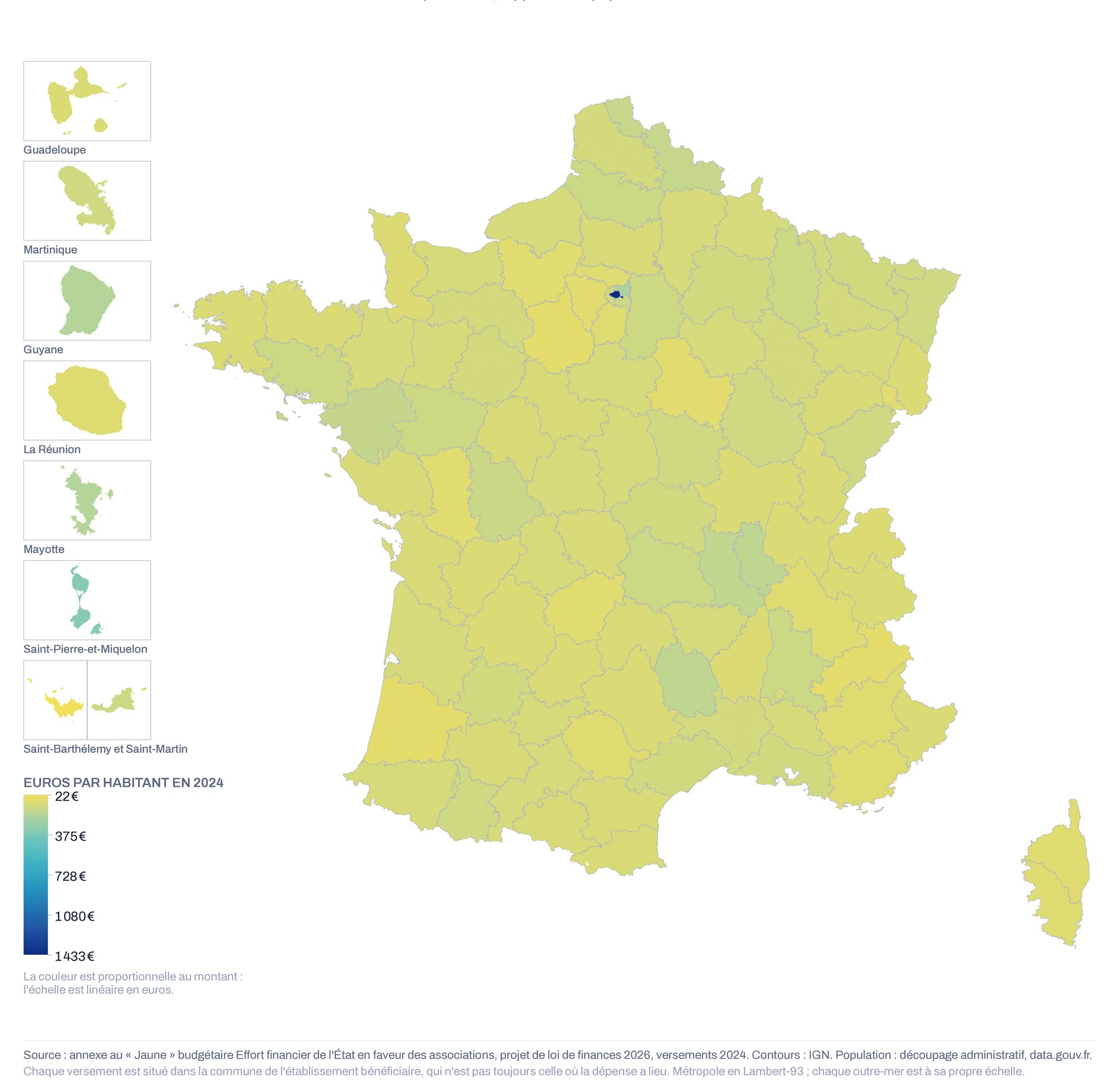 Carte de France par département du montant versé aux associations rapporté à la population, 2024, échelle linéaire